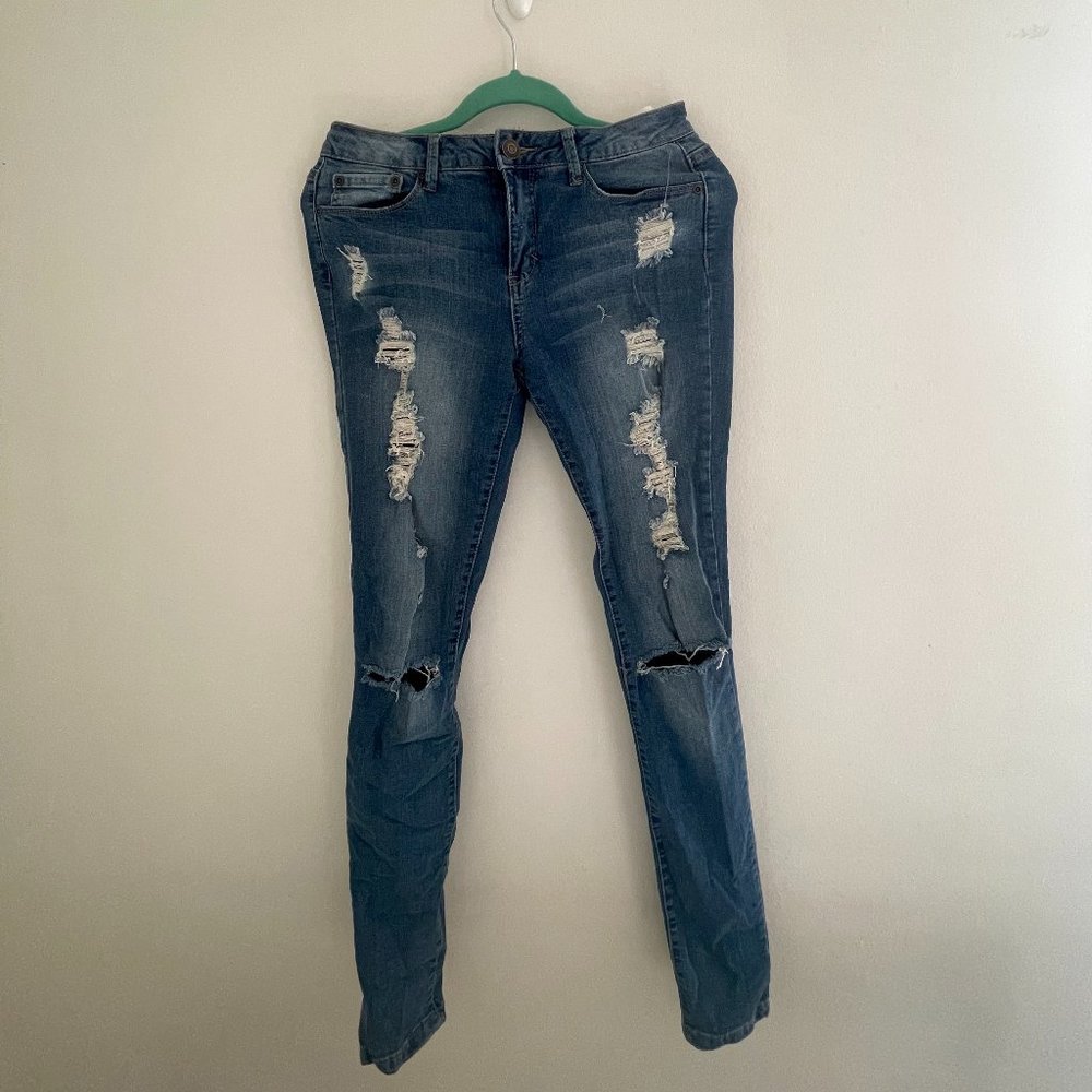 Women's Blue Ripped Jeans - Distressed Denim Pants, 27